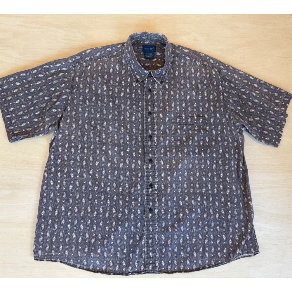 VTG Towncraft Mens XXL Gray Paisley Short Sleeve Button Down Cotton Shirt Y2K
